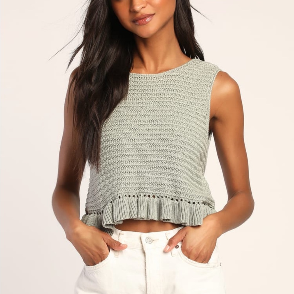 Lulus Flouncin' Around Dusty Sage Cropped Ruffled Sweater Tank, size XL